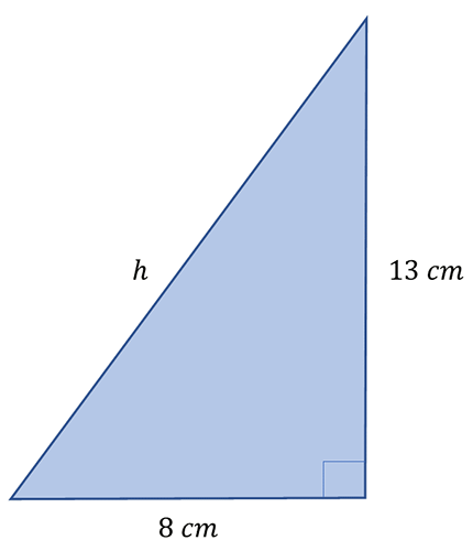 a right angled triangle with the hypotenuse labelled as h and the other two sides of length 13 centimetres and 8 centimetres.