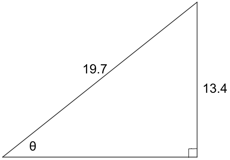 a right angled triangle with an angle labelled theta and the opposite side equal to 13.4 and the hypotenuse 19.7