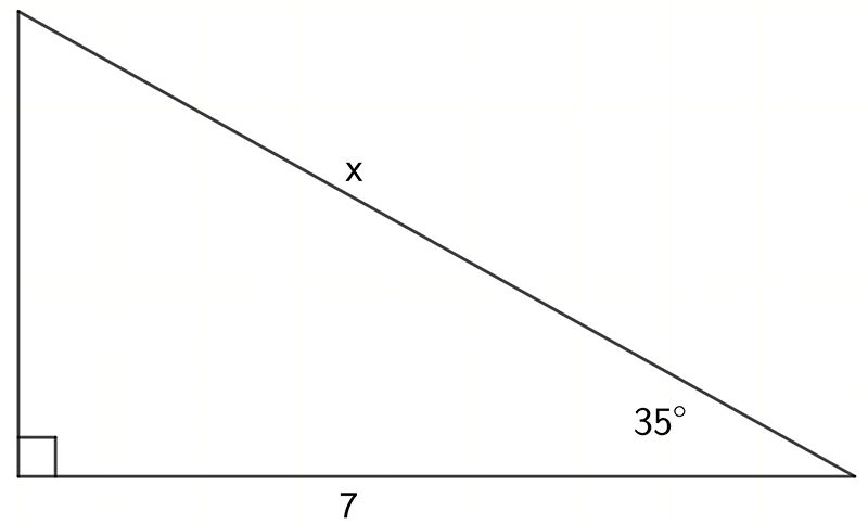 a right angled triangle with an angle of 35 degrees and an adjacent side of 7 and the hypotenuse labelled x