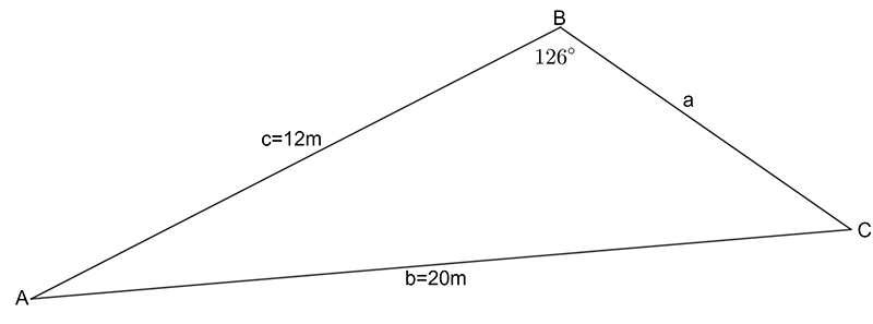 a triangle with sides a, b and c, where b=20 and c=12 and angles capital A, capital B anc capital C, angle capital B is 126