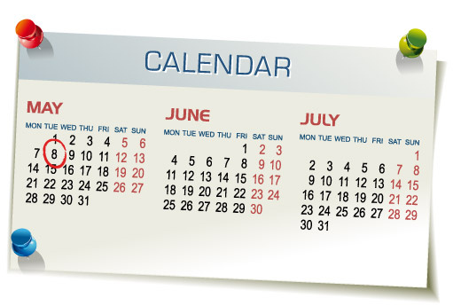 A calendar displays the months of May, June and July with Tuesday May 8 circled.