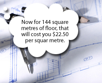 A photo of a pencil and compass on top of plan with the thought bubble, 'Now for 144 square metres of floor, that will cost you $22.50 per square metre.'