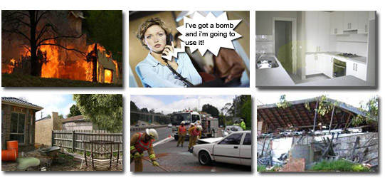 Composite photograph of a woman on the phone making a bomb threat: 'I've got a bomb and I'm going to use it!, Photo of a domestic kitchen with a gas stove in the corner, Photo of large water pipes outside a residence with trenches in the front yard, Photo of a clean-up crew working after a motor accident near a car with a bent bonnet and A large roof section and front wall of a partly collapsed residential structure.