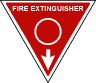 A red and white triangular sign with the words 'Fire extinguisher' underneath which is a white circle. Under the circle is a white arrow pointing down.