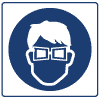 A square blue and white sign displaying a cartoon of a person's head wearing safety goggles.