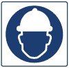 A blue and white sign with a person's head wearing a safety helmet.