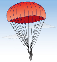 Picture of a man floating in the sky with his parachute opened.  