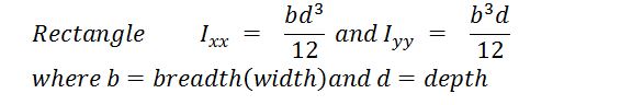 Formula for a rectangle is Ixx = bd to the power 3 divided by 12 which equals mm4 and Iyy = bd to the power 3 divided by 12 which equals mm4. 
