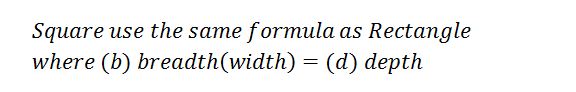 Formula for a square is Ixx = Iyy = bd to the power 3 divided by 12 which equals mm4. For the formula b equals breadth (width) and d equals depth. 