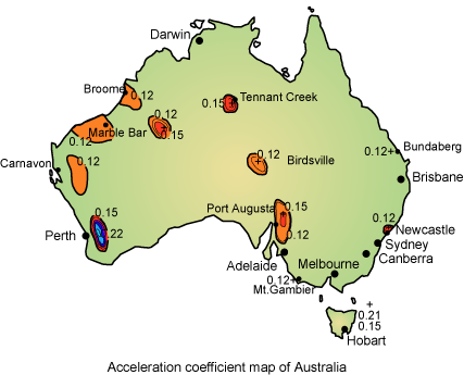 A map of Australia shows the acceleration coefficients in various areas. For example, the area a little inland of Perth has an acceleration coefficient of 0.15 to 0.22. Areas near Tennant Creek, Port Augusta and east of Marble Bar also have an acceleration coefficient of 0.15. Bundaberg, Newcastle and Broome have an acceleration coefficient of 0.12. 
