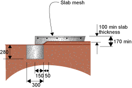 Diagram of a section showing no connection between the slab and footing. The footing has a depth of 280 and width of 300. The slab has a minium thickness of 100. 