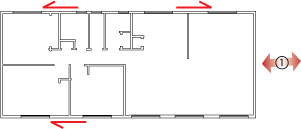 Plan of a house with two bracing panels marked along one of the long external walls and one marked along the other long external wall.