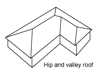 Diagram of an L-shaped building with a hip and valley roof.