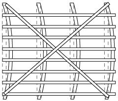 Diagram of a roof with diagonal steelbraces that cross over the top chords, but which are tied only at the ends. The chords have buckled.