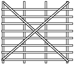 Diagram of a roof with diagonal steelbraces that cross over the top chords and are fixed to every element they cross. The assembly has remained square.