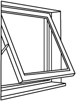 Diagram of an awning window - a window opening outwards, hinged at the top.