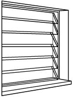 Diagram of a louvre window with six panes that tilt open at an angle.