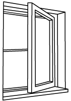 Diagram of a window that opens outwards, hinged at the side.
