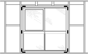 Diagram showing a window frame set into a wall frame that has not yet been plastered. The four corners of the frame and the ends of the transom are marked in black.