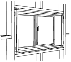 Diagram showing detail of a corner of an aluminium framed window. The timber reveal, interior lining, stud, packing and weatherboard are labelled.