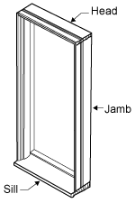 Diagram of a door frame. The following parts are labelled: head (the top of the frame), sill (the bottom) and jamb (the sides).
