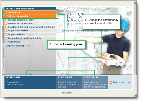 Screen capture of the home page of the Toolbox and instructions to choose a competency then choose learning plan.