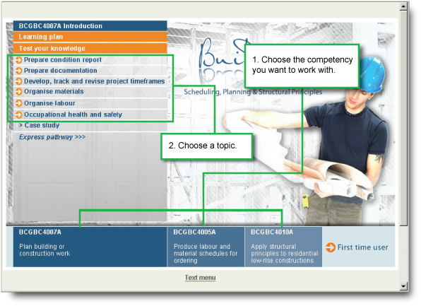 Screen capture of the home page of the Toolbox and instructions to choose a competency then choose a topic.