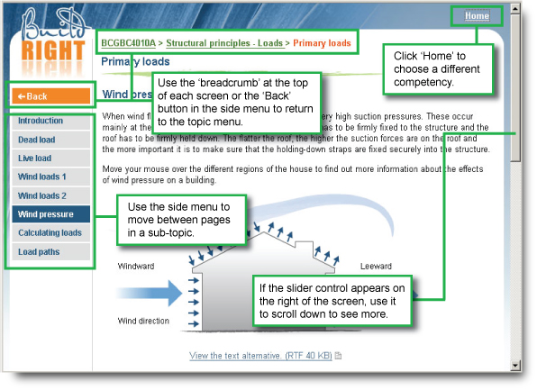 Screen capture of a sub-topic page within the Toolbox and text explaining the use of side menu, breadcrumb, home and slider control.