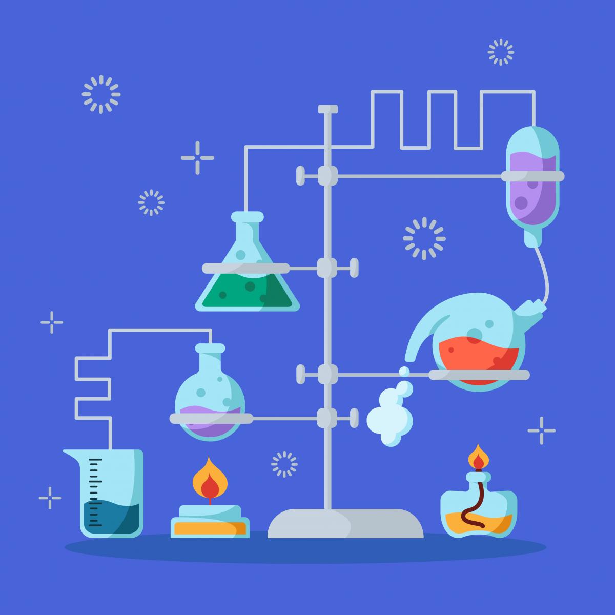 Cartoon of an experiment in chemistry. Beakers, flasks and other equipment