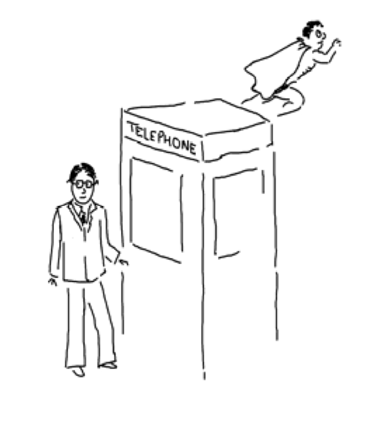 hand-drawn image of a man in suit and glasses, phone booth and superman