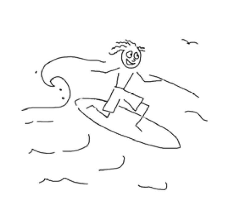 hand-drawn image of a person surfing waves