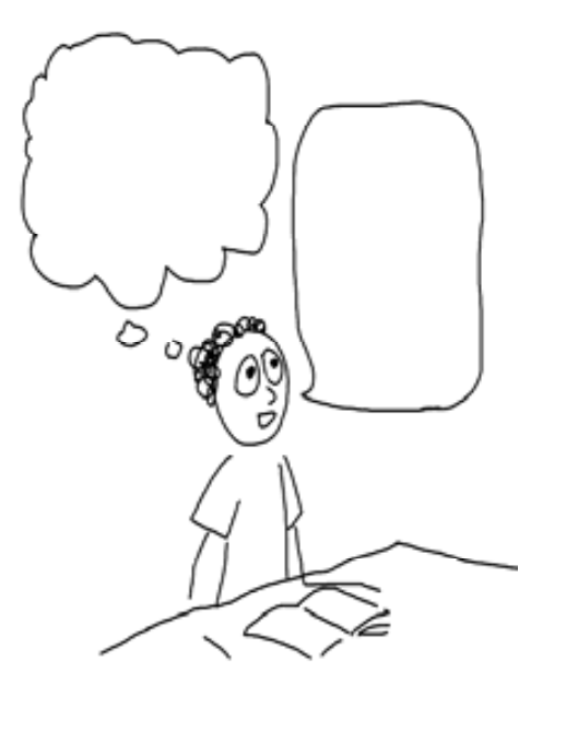 hand-drawn image of a student with empty think bubble and empty speech bubble