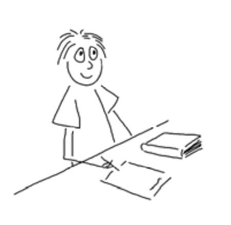 hand-drawn image of a student sitting at a desk with a happy expression