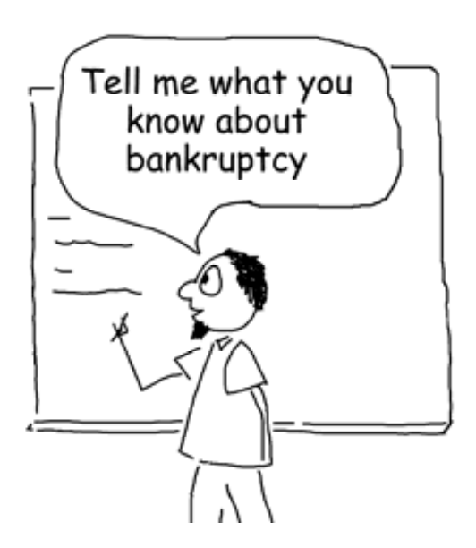 hand-drawn image of a teacher at a whiteboard with a text bubble saying "tell em what you know about bankruptcy"