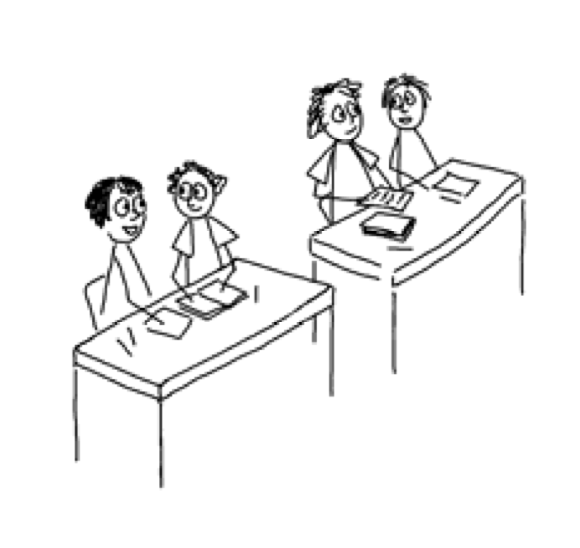 hand-drawn image of four students seated at two desks engaging in discussion 