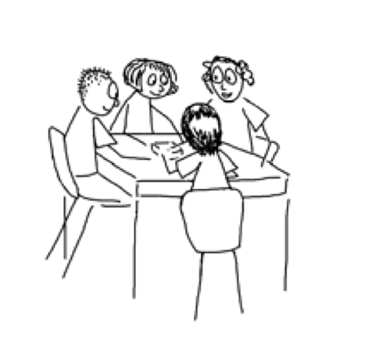 a hand-drawn image of four students sitting around a square table