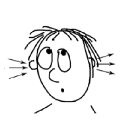 hand-drawn image of a person's head with arrows pointing in one ear and out the other