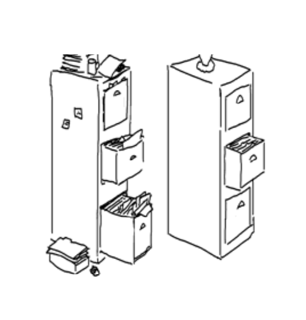hand-drawn image of two filing cabinets, one disorganised and overflowing with files, the other more organised