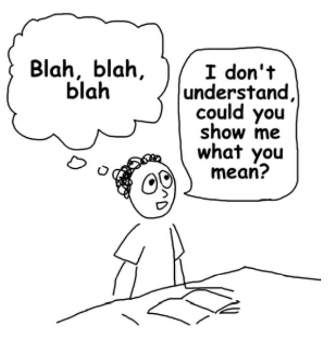 hand-drawn image of a student thinking "blah, blah blah" and asking "I don't understand, could you show me what you mean?"