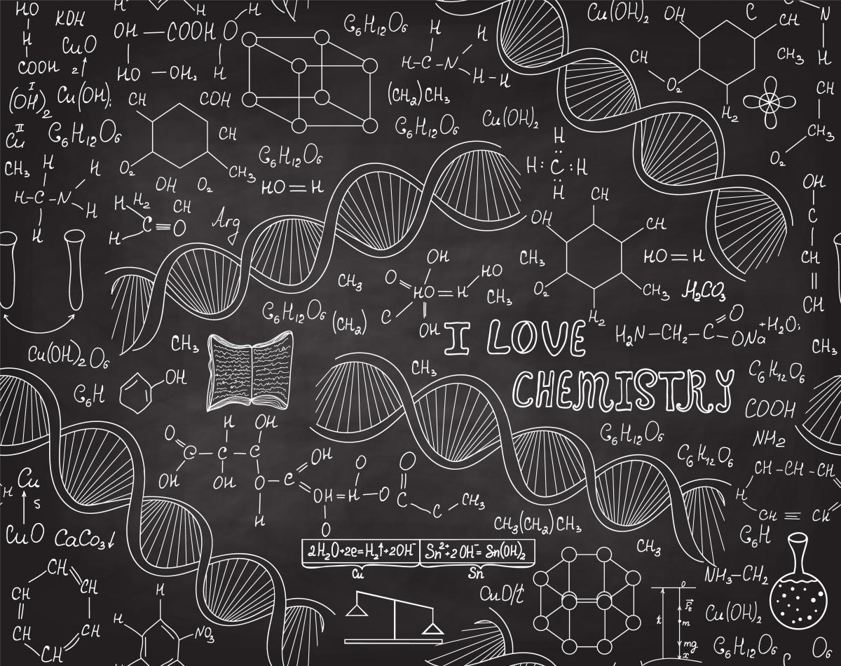 Chemical formula and structures clustered around  the statement  love chemistry