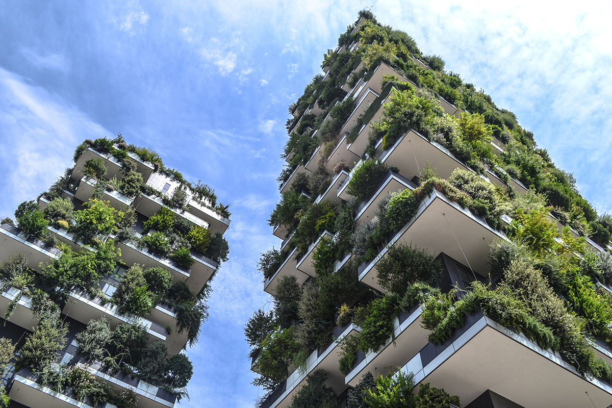 Green buildings - two modern, high-rise concrete buildings covered in plants