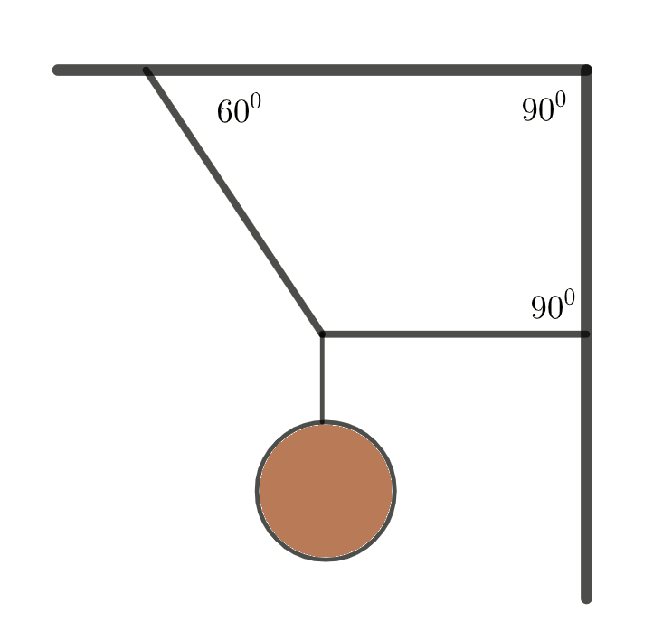 a light is hanging down vertically from 2 cables, one cable is horizontal and the other is at 60 degrees to the ceiling
