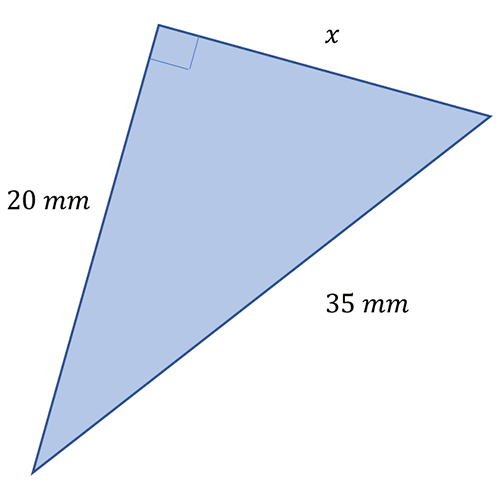 a right angled triangle with hypotenuse 35 millimetres, another side 20 millimetres and the third side is labelled x. The answer is 28.72 millimetres
