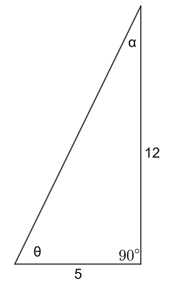 a right angled triangle with interior angles of theta, alpha and 90 degrees. The side opposite theta is 12 and the side opposite alpha is 5