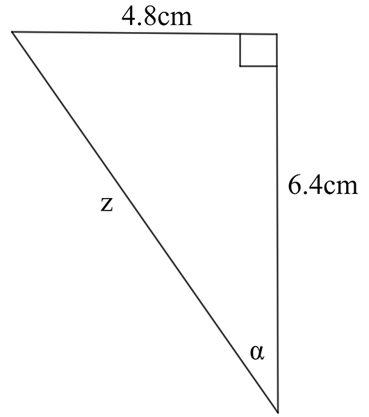 a right angled triangle with an angle labelled alpha. The hypotenuse is labelled z, the adjacent side is 6.4 centimetres and the opposite side is 4.8 centimetres