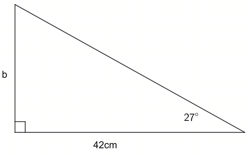 a right angled triangle with an angle of 27 degrees the adjacent side 42 centimetres long and the opposite side labelled b