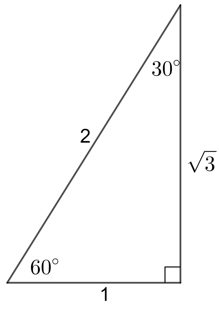 a right angled triangle with interior angles of 30, 60 and 90 degrees. The hypotenuse is 2 units long, the side opposite the 30 degree angle is one unit and the other side is root 3 units long