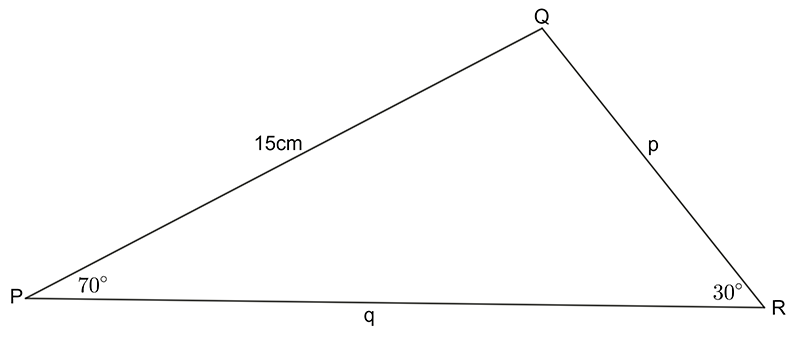 a triangle with sides p, q and r where r=15 and opposite angles capital P, capital Q and capital R where angle P=70 and angle R=30