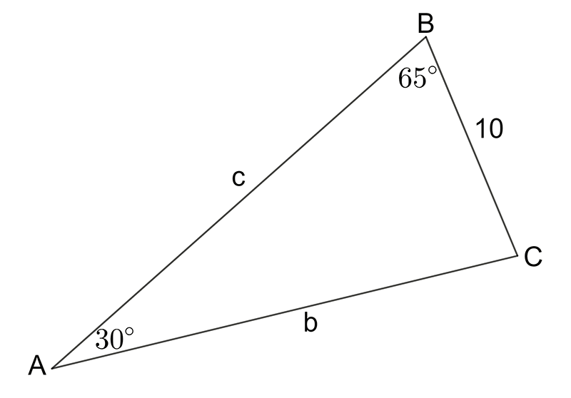 a triangle with sides a, b and c with a=10 and angles capital A, capital B and capital C with angle A=30 and angle B=65