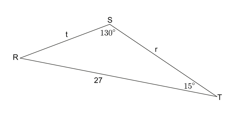 a triangle with sides r, s and t opposite to angles, capital R, capital S and capital T respectively. Side s is 27, angle S is 130, angle T is 15
